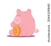 Cute piggy bank sitting vector cartoon character isolated on a white background.