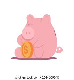 Cute piggy bank sitting vector cartoon character isolated on a white background.