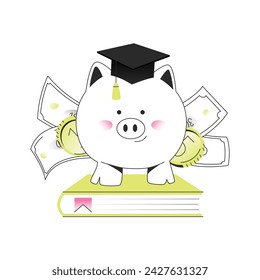 Cute piggy bank in student hat standing on book. Linear flat vector illustration isolated on white background. Financial education or money learning concept. Editable stroke.