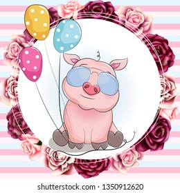cute piggy with beautiful watercolor floral birthday invitation card template