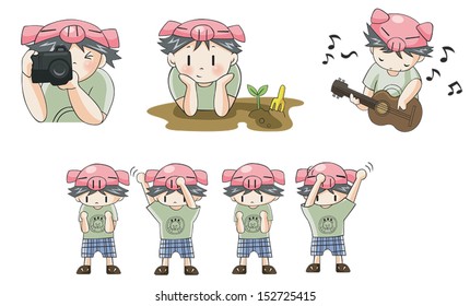 Cute Piggy boy cartoon character icon in various action expression such as dancing, exercise plant tree playing guitar and taking photograph set 8, create by vector 