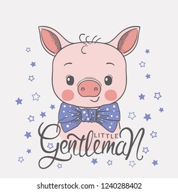 Cute piggy boy face with bow tie. Little Gentleman slogan. Vector illustration design for t shirt graphics, fashion prints, slogan tees, posters and other uses