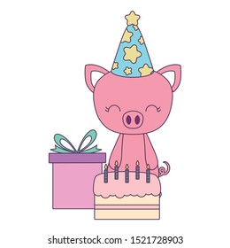 cute piggy with cake of birthday and gift box vector illustration design