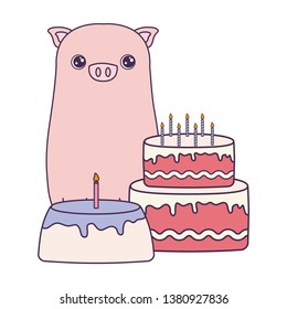 cute piggy with cakes of birthday