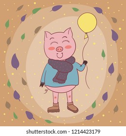 Cute piggy character in autumn in a scarf, against a background of falling leaves .Vector.