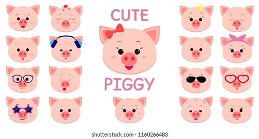 Cute piggy character in the style of a cartoon, a lot of different emotions and accessories. Flat design, vector illustration