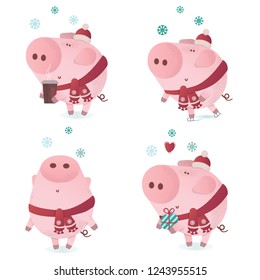 Cute piggy character in a winter scarf. Greeting illustrations set. Symbol of winter holidays. Zodiac sign. Perfect for calendar and celebration card.