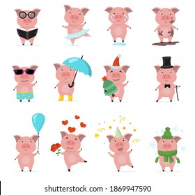 Cute piggy characters flat set for web design. Cartoon funny little pigs posing, reading, dancing and crying isolated vector illustration collection. Animals, actions and emotions concept