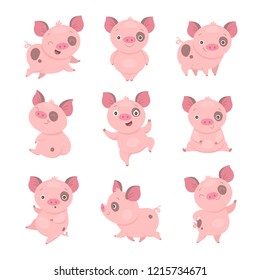 Cute Piggy Collection. Vector Illustration Of Funny Cartoon Pink Piggy In Different Poses. Isolated On White.