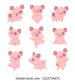 Cute piggy collection. Vector illustration of funny cartoon pink piggy in different poses. Isolated on white.