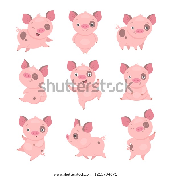 かわいい子豚コレクション 異なるポーズをした おかしな漫画のピンクの豚のベクターイラスト 白い背景に のベクター画像素材 ロイヤリティフリー