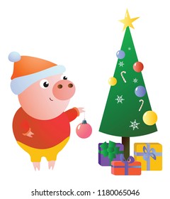 Cute piggy decorates the Christmas tree with balls. Vector illustration. Isolated on transparent background. Excellent for the design of postcards, posters, stickers and so on.
