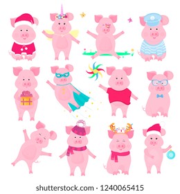 Cute piggy in different costumes. Superhero, unicorn, Santa Claus, sailor. Funny animal. The symbol of the Chinese New Year. Pig cartoon character