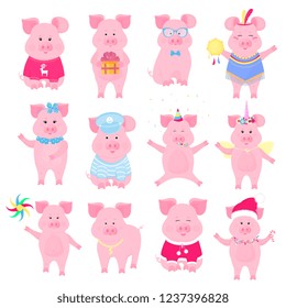 Cute piggy in different costumes. Unicorn, Santa Claus, sailor, Funny animal. The symbol of the Chinese New Year. Pig cartoon character