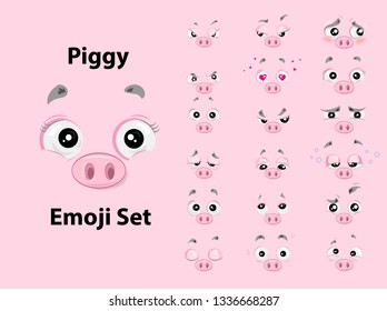 Cute Piggy Emoji Set.Vector set of funny pig cartoon emoji