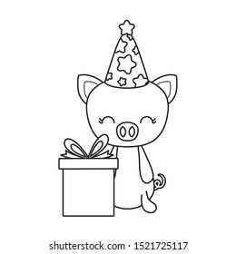cute piggy with gift box present vector illustration design