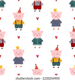 Cute piggy girl and boy on white background seamless pattern. Child drawing style baby animal illustration.  Funny piglet card. Design for textile, fabric, decor.