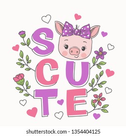 Cute piggy girl face, flowers. So Cute slogan. Cartoon vector illustration design for t-shirt graphics, fashion prints, slogan tees