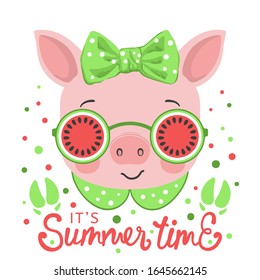 Cute piggy girl face with watermelon glasses, footprint. Summer Time slogan. Vector illustration for children print design, kids t-shirt, baby wear