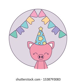 cute piggy with hat party in frame circular vector illustration design
