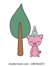cute piggy with hat party and tree plant