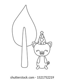 cute piggy with hat party and tree plant vector illustration design