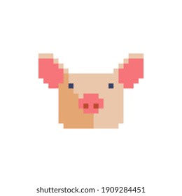 Cute cabeza de cerdo estilo plano vectorial ilustración aislada, icono de cerdo de personaje de arte de píxel de cerdo. Elementos de diseño para la granja de logotipos, pegatinas, aplicación móvil para niños. Activos de juego. 