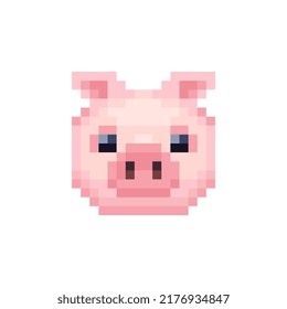 Cute piggy head flat style vector isolated illustration, pig pixel art character pork icon. Design elements for logo farm, sticker, children mobile application. Game assets. 