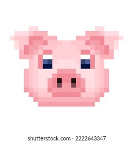 Cute piggy Kopf flach Stil Vektorgrafik isoliert, Pixel-Kunst-Charakter Schweinekotelsymbol. Gestaltungselemente für Logo-Farm, Aufkleber, Kindermobilapplikation. Spiele-Objekte.
