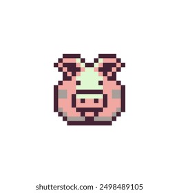 Cute piggy head flat style vector isolated illustration, pig pixel art character pork icon. Design elements for logo farm, sticker, children mobile application. Game assets. 