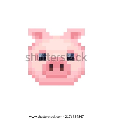 Cute piggy head flat style vector isolated illustration, pig pixel art character pork icon. Design elements for logo farm, sticker, children mobile application. Game assets. 