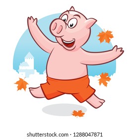 Cute piggy with leafs jumping having fun. Autumn postcard with piglet. Vector illustration with cartoon symbol of chinese calendar used for poster, greeting card, book and banner.