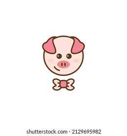Cute Piggy Logo Cartoon Character. Happy smiling little baby cartoon pig in round frame. Vector logo illustration