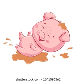 Cute piggy in the mud. Vector illustration for baby shower, greeting card, party invitation, fashion clothes t-shirt print.