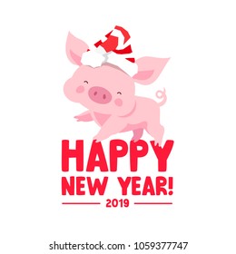 Cute  piggy in a New Year's striped hat. Happy New Year. Chinese symbol of the 2019 year. Excellent festive gift card. Vector illustration on white background.
