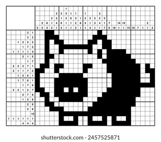 Cute piggy. Nonogram, japanese crossword, educational game. Black and white, 25x20. Logical solution. Structured customizable EPS.