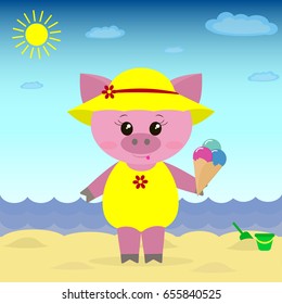 Cute piggy on the beach wearing a hat, bathing suit and ice cream in cartoon style. / Illustration of a cute piggy on the beach with ice cream.