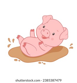 Cute piggy playing in puddle. Hand drawn vector illustration isolated on white background. Funny Farm animal for kids