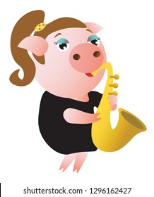 A cute piggy  plays  saxophone. Female. Musician. Vector illustration.  Isolated on transparent background.  Excellent for the design of postcards, posters, stickers and so on.