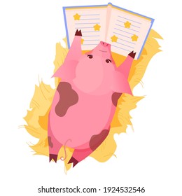Cute piggy read book lying on hay. Animal character in cartoon style. Vector illustration