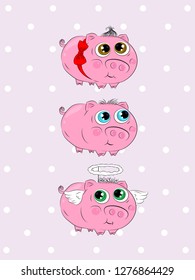 Cute piggy set. Three pink cartoon pigs on pink background with bow and wings. Beautiful characters for your design.