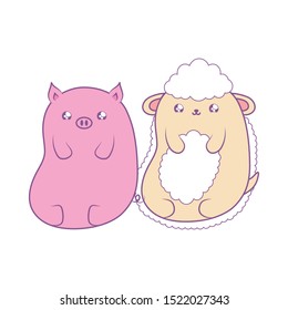 cute piggy with sheep baby animals kawaii style vector illustration design