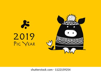 Cute piggy silhouette, symbol of 2019 year for your design. Vector illustration