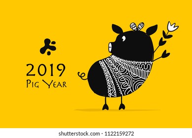 Cute piggy silhouette, symbol of 2019 year for your design. Vector illustration