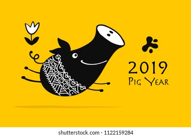 Cute piggy silhouette, symbol of 2019 year for your design. Vector illustration