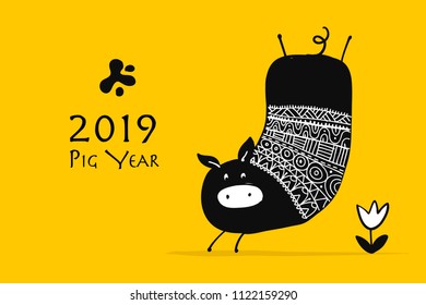 Cute piggy silhouette, symbol of 2019 year for your design. Vector illustration