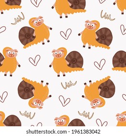 Cute piggy in a snail costume seamless pattern . Flat vector illustration for fabric, wallpaper and wrapping paper on a white background