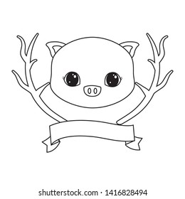cute piggy with tree branches and ribbon
