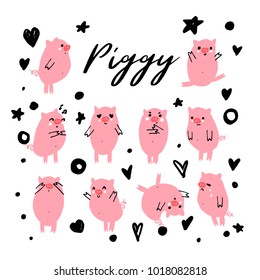 Cute piggy wiggy. Vector character. Set of emotional pig.