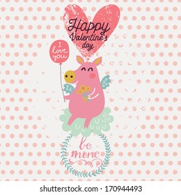 Cute piglet angel in cartoon style. Gentle Valentines day card in vector. Childish background with polka dot in pastel colors